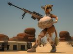  2017 3d_(artwork) annabelle_cow anthro anthroanim big_breasts blonde_hair bovine breasts cattle clothed clothing desert digital_media_(artwork) eyewear female fur gun hair hi_res holding_object holding_weapon horn huge_breasts mammal outside pose ranged_weapon rifle sand scope sniper_rifle solo standing sunglasses weapon 