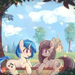  2017 black_hair blush building cloud duo earth_pony equine eye_contact female feral friendship_is_magic grass hair horn horse house landscape mammal mirroredsea multicolored_hair my_little_pony nature octavia_(mlp) outside pony purple_eyes red_eyes sky tree unicorn vinyl_scratch_(mlp) 