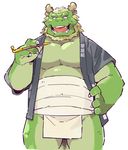  2017 4_fingers anthro bandage barazoku beard belly claws clothed clothing dragon eastern_dragon facial_hair fangs father fundoshi garouzuki green_body green_scales hair hand_on_hip horn japanese_clothing kemono kiseru looking_at_viewer looking_down male morenatsu multicolored_scales musclegut muscular muscular_male open_mouth parent pecs portrait reptile robe scales scalie slightly_chubby smile smoking_pipe solo standing tappei_(morenatsu) teeth three-quarter_portrait tongue two_tone_scales underwear 