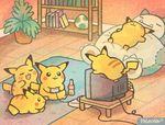  2015 :3 beverage book bookshelf controller digital_media_(artwork) egg eyes_closed female group inside lying male nintendo open_mouth paleona pikachu plant plushie pok&eacute;mon signature sitting sleeping smile snorlax soda table television video_games yellow_body 