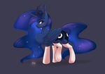  2017 blue_feathers blue_hair blush butt clitoral_winking clitoris clothing crown cutie_mark equine feathered_wings feathers female feral friendship_is_magic grey_background hair horn legwear looking_at_viewer looking_back mammal my_little_pony nightskrill princess_luna_(mlp) pussy simple_background socks solo winged_unicorn wings 