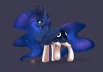  2017 blue_feathers blue_hair blush butt clothing crown cutie_mark equine feathered_wings feathers female feral friendship_is_magic grey_background hair horn legwear looking_at_viewer looking_back mammal my_little_pony nightskrill princess_luna_(mlp) simple_background socks solo winged_unicorn wings 