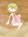  2015 areola breasts clarion clothing gardevoir green_hair hair hi_res hot_spring nintendo nipples nude onsen partially_submerged pok&eacute;mon red_eyes rock short_hair small_breasts smile solo steam towel undressing video_games water white_skin 