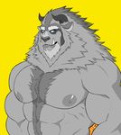 2017 abs anthro areola beast_(disney) beauty_and_the_beast biceps big_biceps big_pecs blue_eyes body_hair bust_portrait chest_hair chest_tuft digital_media_(artwork) disney front_view fur grumpyfloof happy_trail hi_res horn looking_at_viewer male mammal monster multicolored_fur muscular muscular_male nipples nude pecs portrait restricted_palette serratus signature simple_background thick_neck tuft tusks 