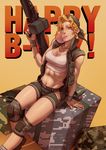  absurdres bandana blonde_hair box breasts brown_eyes bubble_blowing camouflage chewing_gum cleavage gift gift_box gun happy_birthday heavy_machine_gun highres hip_vent john_doe kasamoto_eri knee_pads lips load_bearing_vest machine_gun metal_slug military nose short_shorts shorts sleeveless small_breasts solo toned unmoving_pattern vest weapon wristband 