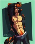  2017 5_fingers abs anthro arbor_fox biceps black_fur body_hair bottomless briefs bulge canine chest_hair clothed clothing ear_piercing feralise fox fur hair hand_behind_back hand_behind_head looking_at_viewer male mammal multicolored_fur muscular muscular_male nipples orange_eyes orange_fur orange_hair orange_nose piercing pose sharp_teeth simple_background smile solo standing tan_fur teeth topless underwear 
