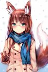  animal_ears arm_at_side bangs blue_eyes blue_scarf blush brown_hair closed_mouth coat commentary_request double-breasted eyebrows_visible_through_hair fox_ears fox_girl fox_tail fringe_trim glasses gradient gradient_background hand_up highres long_hair looking_at_viewer mittens original red-framed_eyewear scarf semi-rimless_eyewear sidelocks smile solo sukemyon tail tsurime under-rim_eyewear upper_body v 