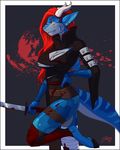  2016 5_fingers anthro bandage blood blue_skin clothed clothing cut_(disambiguation) ear_piercing female feralise fish fishnet fishnet_legwear fully_clothed hair hand_on_hip holding_object hooves horn hybrid katana legwear looking_aside marine melee_weapon piercing red_eyes red_hair scar shark side_view snout solo standing sword torn_clothing weapon wounded 
