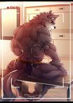  2017 angry anthro back_muscles barazoku bench biceps big_muscles biped black_eyes black_nose boxer_briefs brown_pawpads brown_theme butt camera camera_view canine cheek_tuft chinese clothed clothing depth_of_field digital_drawing_(artwork) digital_media_(artwork) fluffy fluffy_tail frown full-length_portrait fur furgonomics grainy grey_fur grey_hair grey_tail hair hand_on_leg hi_res hindpaw inner_ear_fluff inside kemono locker_room long_tail looking_at_viewer looking_back male mammal mane_hair multicolored_fur muscular muscular_male on_benh pawpads paws portrait quads rear_view sitting solo spread_legs spreading tail_button_bottoms tail_clothing tengo topless tuft two_tone_fur underwear video_camera were werewolf white_fur 