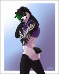  2017 5_fingers anthro athletic bear black_fur black_hair black_nose blue_background bottomless butt clothed clothing clothing_lift eyewear feralise fur glasses green_eyes green_hair hair looking_at_viewer male mammal markings mostly_nude multicolored_fur multicolored_hair panda pose shirt shirt_lift short_tail side_view simple_background smile solo standing teeth two_tone_fur two_tone_hair white_fur 