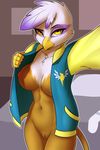  2017 absurd_res anthro anthrofied avian beak bottomless breasts captainpudgemuffin clothed clothing feathers female friendship_is_magic gilda_(mlp) gryphon hi_res looking_at_viewer my_little_pony navel open_jacket pussy selfie solo 