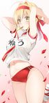 absurdres adjusting_hair ahoge armpit_peek between_breasts blonde_hair blush body_blush breasts buruma commentary_request fate/extra fate_(series) green_eyes groin gym_uniform hair_intakes hair_ribbon highres large_breasts looking_at_viewer midriff mouth_hold name_tag navel nero_claudius_(fate) nero_claudius_(fate)_(all) olympian_bloomers panties panties_under_buruma petals pink_background red_buruma red_eyes ribbon sino_(sionori) sketch skindentation solo underwear white_background white_panties 