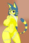  2017 absurd_res animal_crossing ankha anthro anthrofied bandage big_breasts biped black_eyes blue_body blue_hair blue_tail bottomless breasts brown_background cat clothed clothing clothing_in_mouth clothing_lift digital_drawing_(artwork) digital_media_(artwork) eyelashes feline female front_view gold_hair hair hi_res huge_breasts long_tail looking_up mammal multicolored_hair navel navel_rim nintendo nipples portrait presenting presenting_breasts pussy shmeepo short_hair simple_background slim small_waist smile solo standing striped_tail stripes three-quarter_portrait two_tone_body two_tone_hair two_tone_tail video_games voluptuous yellow_body yellow_nipples yellow_pussy yellow_tail 