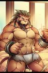  2017 abs angry anthro arm_tuft armor barazoku beard biceps biped blurred_background brown_claws brown_fur brown_nipples brown_nose brown_tail brown_theme bulge chest_tuft chinese claws clothed clothing depth_of_field digital_drawing_(artwork) digital_media_(artwork) facial_hair feline fighting_stance fist front_view frown fur gauntlets gloves green_hair hair hi_res humanoid_hands kemono lion long_hair male mammal multicolored_fur muscular muscular_male navel nipples outside pecs portrait pubes quads ruins shorts solo standing sweat tan_fur tengo three-quarter_portrait topless torn_bottomwear torn_clothing tuft two_tone_fur vein veiny_muscles 