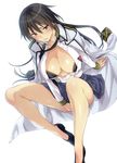  arm_support between_legs black_bra black_eyes black_footwear black_hair black_neckwear blue_skirt blush bra breasts collarbone dress_shirt from_above hair_between_eyes hand_between_legs hida_reiri highres hisasi huge_breasts long_hair masou_gakuen_hxh miniskirt necktie open_clothes open_shirt parted_lips shirt shoes simple_background sitting skirt solo underwear white_background white_shirt 