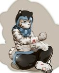  bandage blood blue_eyes clothed clothing feline male mammal nakaya pants scarf solo 