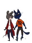  0 2017 alinaisrafilova anthro black_fur boots buckteeth cat claws clothed clothing coat cute daww eyes_closed fangs feline footwear fully_clothed fur grey_fur hands_holding jacket logo lori_m._(nitw) mae_(nitw) mammal midriff mouse night_in_the_woods notched_ear null_symbol ripped_jean rodent shirt shorts smile t-shirt teeth two_tone whiskers 