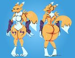  2017 angry angry_face anthro athletic big_breasts big_butt black_nose black_sclera blue_background blue_eyes breasts butt canine chest_tuft claws digimon digital_media_(artwork) dipstick_tail facial_markings featureless_breasts featureless_crotch female front_view fur hi_res looking_at_viewer mammal markings midriff mostly_nude multicolored_fur multicolored_tail muscular navel nude rear_view renamon simple_background sleeves standing thick_thighs tuft two_tone_fur under_boob voluptuous white_fur white_tail wide_hips wolftang yellow_fur yellow_tail 