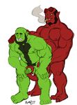  2017 all_fours cigar doggystyle erecion from_behind_position hellboy_(character) humanoid montezuma_(artist) musclechub nipples orc pecs sex simple_background smoking tail_on_penis tusks 