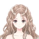  blonde_hair blue_eyes blue_reflection closed_mouth collarbone expressionless eyebrows eyebrows_visible_through_hair hair_ornament hairclip highres kishida_mel long_hair looking_at_viewer official_art portrait shijou_raimu simple_background solo wavy_hair white_background 