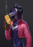  abs anthro canine daryabler gun handgun looking_at_viewer male mammal nipples open_jacket pistol ranged_weapon smile solo tongue tongue_out weapon 