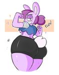  2017 4_fingers anthro athletic bandage big_butt black_eyes breasts butt cartoon_network clothed clothing cocky crop_top english_text enid female fist flexing fur grin hair hair_bun half-closed_eyes hi_res kilinah lagomorph looking_at_viewer mammal midriff muscular ok_k.o.!_let&#039;s_be_heroes pink_nose pose purple_fur purple_hair rabbit raised_arm rear_view shiny shirt shorts signature simple_background skimpy smile solo sparkle standing sweat teeth text thick_thighs tight_clothing under_boob voluptuous whiskers white_background wide_hips 