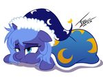  2017 bedding blanket blue_eyes blue_hair bluse equine female feral friendship_is_magic hair hat horn mammal my_little_pony princess_luna_(mlp) simple_background solo unicorn white_background 
