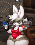  2017 4_fingers anthro assault_rifle big_butt black_eyes black_nose blush breasts butt cleavage clothed clothing costume cupcake_(oriole) cutoffs denim_shorts detailed_background female fingerless_gloves fur gloves gun hair half-closed_eyes headband hi_res holding_object holding_weapon industrial keycard lagomorph leotard looking_at_viewer mammal rabbit raised_arm ranged_weapon red_clothing rifle shorts skull slightly_chubby solo standing star_eyes thick_thighs unknown_artist voluptuous weapon white_fur white_hair white_tail wide_hips 