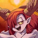  1girl blush close-up commentary cropped demon_girl demon_horns eyelashes fangs hair_over_one_eye half-closed_eyes hekapoo hetero highres horn_grab horns implied_sex long_hair open_mouth orange_eyes out-of-frame_censoring plague_of_gripes pointy_ears red_hair solo_focus star_vs_the_forces_of_evil sweat yellow_sclera 