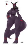  2015 anthro averyshadydolphin big_breasts black_claws black_hair black_nipples breasts claws dark_skin digital_media_(artwork) dragon erect_nipples eyebrows feet female fingers hair hi_res humanoid jou long_tail long_tongue looking_at_viewer markings navel nipples nude open_mouth pink_tongue pose pussy red_eyes red_markings simple_background smile solo tall thick_thighs tongue tongue_out white_background yaojou 