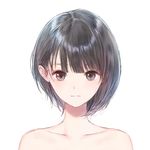  black_hair blue_reflection brown_eyes closed_mouth collarbone expressionless highres kishida_mel looking_at_viewer official_art portrait shirai_hinako short_hair simple_background solo white_background 