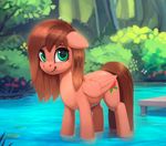  2017 animated blinking brown_hair cutie_mark day detailed_background equine eyelashes fan_character feathered_wings feathers female feral green_eyes hair mammal my_little_pony outside pegasus rodrigues404 solo water wings 