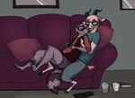  absurd_res alinaisrafilova ambiguous_gender caprine clothed clothing cole_(nitw) cuddling cute_fangs duo ear_piercing eyes_closed eyewear facial_piercing glasses goat hi_res hooves horn inside jackie_(nitw) male male/ambiguous mammal night_in_the_woods pawpads piercing raccoon romantic_couple smile sofa 