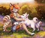  anthro barefoot brown_hair canine clothed clothing day detailed_background digital_media_(artwork) dog duo feline female feral fur grass hair ketty-leopardess mammal ocelot outside pale_eyes paws pink_nose smile white_fur 