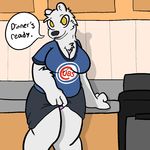  anthro bear breasts chest_tuft chicago_cubs clothed clothing clothing_lift english_text female fully_clothed fur grey_fur inside inviting kitchen looking_at_viewer mammal mature_female skirt skirt_lift solo text trout_(artist) tuft yellow_eyes 