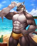  2017 abs anthro biceps big_muscles clothed clothing digital_media_(artwork) dragon fuwayuuko hi_res kemono male mammal muscular muscular_male pecs solo swimsuit topless 