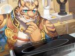  4:3 anthro asian blue_eyes box claws clothed clothing detailed_background digital_media_(artwork) electronics fan_(disambiguation) feline fur hand_on_chin inner_ear_flulff inside male mammal muscular muscular_male nekojishi pecs robbw smile solo store stripes tiger 