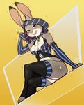  2017 abstract_background anthro areola areola_slip armwear avante92 bedroom_eyes blush breasts bustier cleavage clothed clothing collar countershading crossed_legs disney dutch_angle elbow_gloves eyebrows female fingerless_gloves fur gloves grey_fur half-closed_eyes hi_res hood judy_hopps lagomorph legwear licking licking_lips looking_at_viewer mammal nipple_bulge pink_areola purple_eyes rabbit seductive sitting socks solo thigh_highs toeless_socks tongue tongue_out zootopia 