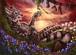  2017 anthro blue_eyes claws day detailed_background digital_media_(artwork) ear_piercing feline female flashw fur grey_fur leopard mammal outside piercing sky smile solo 