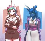 anthro blue_hair breasts clothed clothing duo equine feathered_wings feathers female friendship_is_magic hair horn mammal multicolored_hair my_little_pony mykegreywolf princess_celestia_(mlp) princess_luna_(mlp) purple_eyes smile winged_unicorn wings 