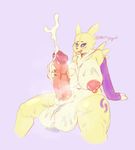  anthro areola big_breasts black_sclera blue_eyes breasts canine cum dickgirl digimon fur intersex jroy101 mammal mature_dickgirl mombod nipples nude penis renamon simple_background solo steam sweat tuft yellow_fur 