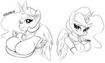  &lt;3 &lt;3_eyes 2015 anthro anthrofied big_breasts black_and_white blush breasts cleavage clothed clothing doggie999 duo equine feathered_wings feathers female friendship_is_magic hair horn long_hair looking_at_viewer mammal monochrome my_little_pony one_eye_closed princess_celestia_(mlp) princess_luna_(mlp) sibling sisters smile sweat winged_unicorn wings 