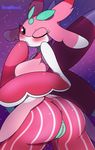  2016 anthro anus big_butt blush breasts butt female green_body grey_eyes hi_res lurantis night_sky nintendo nomnoms_(artist) one_eye_closed pink_body pok&eacute;mon pussy red_body red_sclera solo star video_games white_body 
