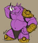  2014 anthro armor belly biceps black_bottomwear black_clothing brown_background clothed clothing digital_media_(artwork) eyebrows front_view greaves hand_behind_head hi_res horn loincloth looking_at_viewer male mammal manlyshark musclegut muscular muscular_male navel pauldron pecs portrait purple_belly purple_eyebrows purple_skin rhinoceros signature simple_background solo standing teeth thick_eyebrows three-quarter_portrait vambraces white_horn 