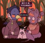  2017 :3 animated anthro beak blush_sticker branch candy candy_wrapper clothing cute daww eyebrows eyes_closed feral food forest germ_(nitw) grass hair human invalid_tag jacket mae_(nitw) male mammal marsupial mask night_in_the_woods opossum red_hair shirt sitting string sunset threehairs_(artist) trash_king_rabies_(nitw) tree wings wrapper 