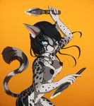 5_fingers action_pose anthro areola black_fur black_hair blue_eyes breasts cat dual_wielding eyelashes feline female fruitbloodmilkshake fur grey_fur hair hi_res holding_object holding_weapon knife mammal nipples open_mouth pink_nose simple_background small_breasts solo spots spotted_fur sweat weapon yellow_background 