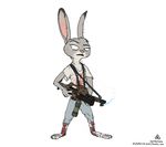  2016 alien_(franchise) blood clothed clothing disney ellen_ripley female fire flamethrower fully_clothed fur grey_fur judy_hopps lagomorph mammal pink_nose rabbit raised_eyebrow ranged_weapon simple_background solo_focus standing thatotherwhaleoil weapon white_background zootopia 