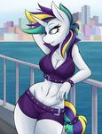  2017 absurd_res alternate_hairstyle ambris anthro anthrofied blue_eyes breasts building city cleavage clothed clothing equine eyelashes eyeshadow female friendship_is_magic hair hand_behind_head hi_res horn makeup mammal midriff multicolored_hair multicolored_tail my_little_pony navel outside rarity_(mlp) solo unicorn 
