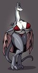  anthro bedroom_eyes big_breasts bikini breasts claws cleavage clothed clothing crane_(overlai) dragon female half-closed_eyes hi_res huge_breasts looking_at_viewer membranous_wings midriff neodokuro nipple_bulge overlai red_eyes scalie seductive simple_background solo standing swimsuit wings 