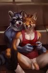  2017 5_fingers anthro athletic balls biped black_fur blue_eyes blue_fur bottomless canine casual_exposure chunie claws clothed clothing detailed_background digital_media_(artwork) duo flaccid fluffy fluffy_tail foreskin fox fur gloves_(marking) hair hi_res holding_object humanoid_hands humanoid_penis legwear male male/male mammal markings multicolored_fur nintendo nintendo_switch open_mouth orange_eyes orange_fur penis raccoon sitting sleeveless_shirt smile socks teeth tongue tongue_out topless video_games whiskers white_fur 